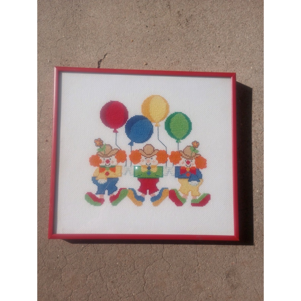 Vintage 70s Cross-stitch Clown Balloon Red Frame 10x9 Wall‎ Art